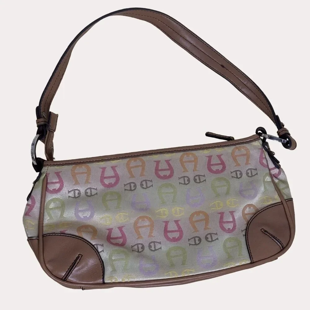 Etienne Aigner Canvas Faux Leather Satchel Purse Logo